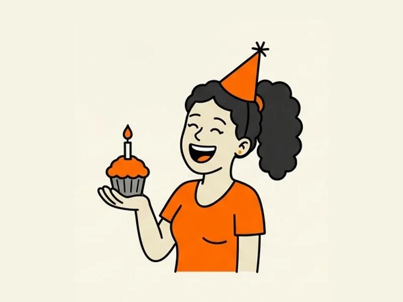 Ilustración de una mujer riendo con un gorro de fiesta naranja y un cupcake con una vela encendida.