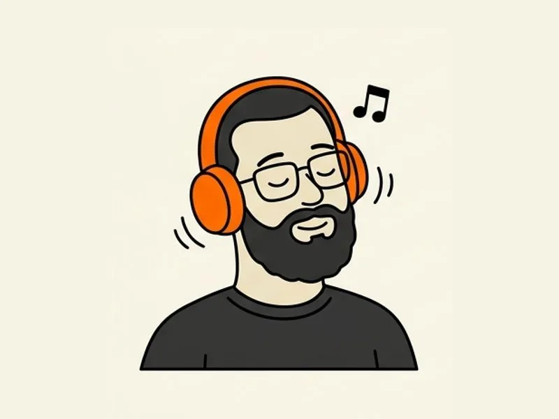 Ilustración de un hombre con barba y lentes, con audífonos naranjas y los ojos cerrados, disfrutando la música.