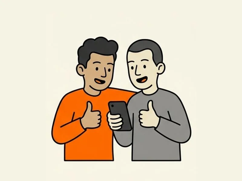 Ilustración de dos amigos mirando un mismo teléfono; uno levanta el pulgar.