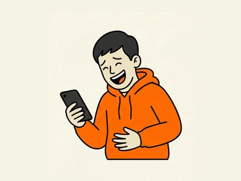 Ilustración de una persona con sudadera naranja muerta de risa viendo su teléfono.