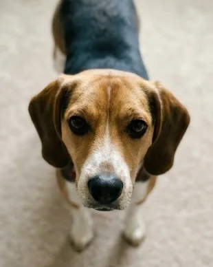 The beagle photographed from directly above, so its head looks oversized and its body is squashed.
