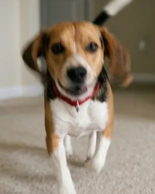 The beagle running toward the camera; its ears and face are blurred by motion.