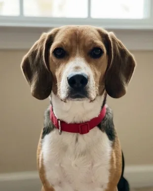 Un perro cruza de beagle con collar rojo, sentado de frente a la cámara a la altura de sus ojos, con luz suave de ventana. Toda su cara se ve nítida.