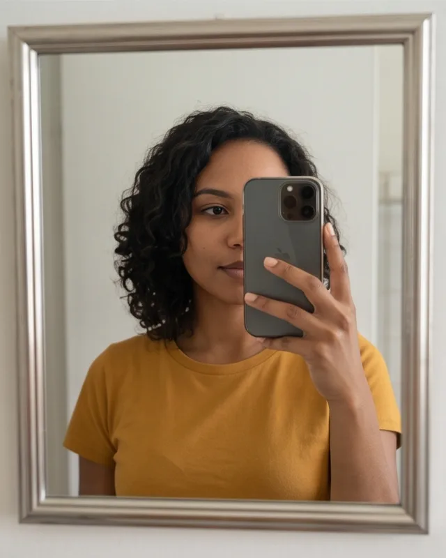 A mirror selfie where her phone and hand cover half of her face.