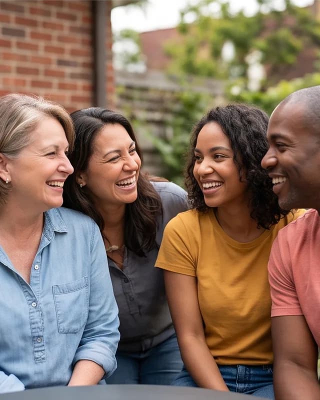 La mujer riéndose en un grupo de cuatro amigos, sin nadie en el centro.