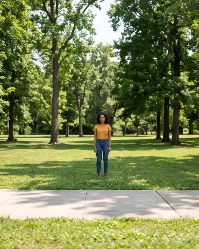 The same woman standing far away in a park, so her face is very small in the frame.