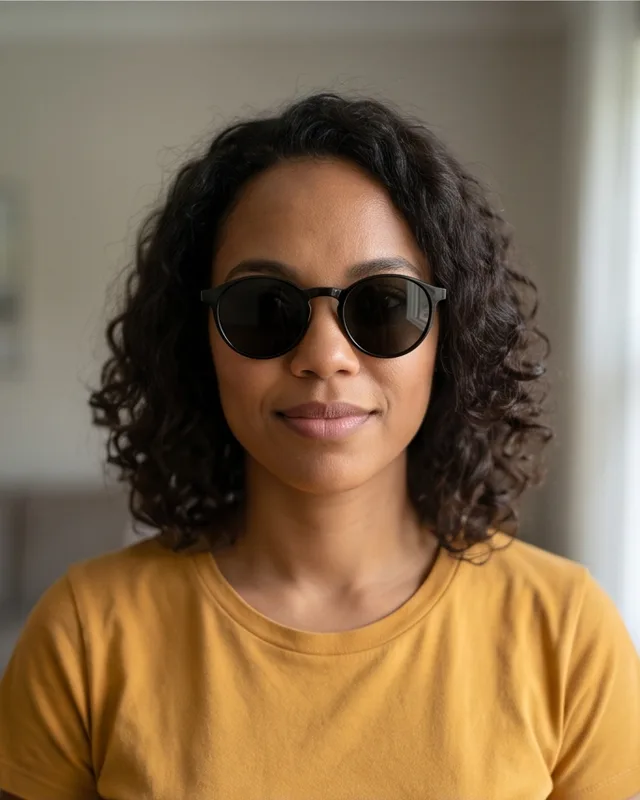 La misma mujer con lentes de sol oscuros que le tapan los ojos.