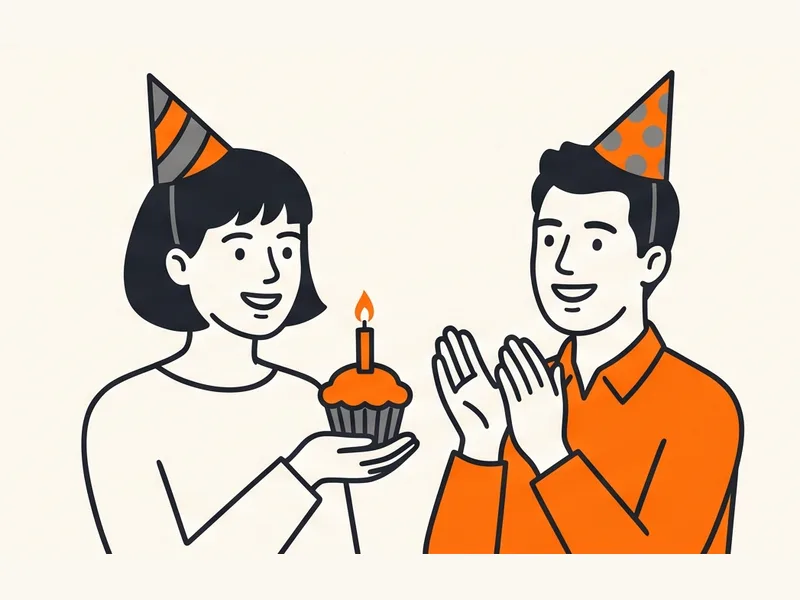 Ilustración de dos amigos con gorros de fiesta; uno sostiene un pastelito con una vela encendida y el otro aplaude.
