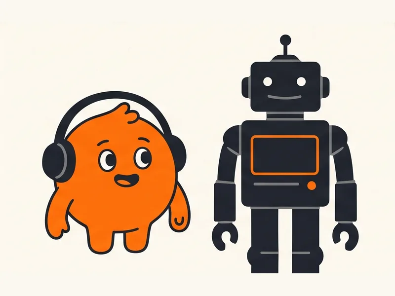 Illustration of two made-up mascots: a round orange character wearing headphones and a tall charcoal robot.