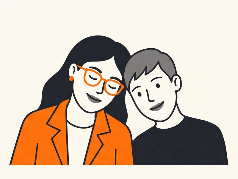 Ilustración de una pareja con las cabezas juntas; una de las dos personas usa lentes naranjas.