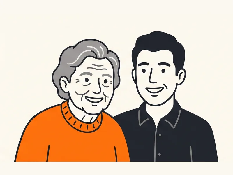 Ilustración de una abuela sonriente con un suéter naranja junto a un familiar adulto más joven.