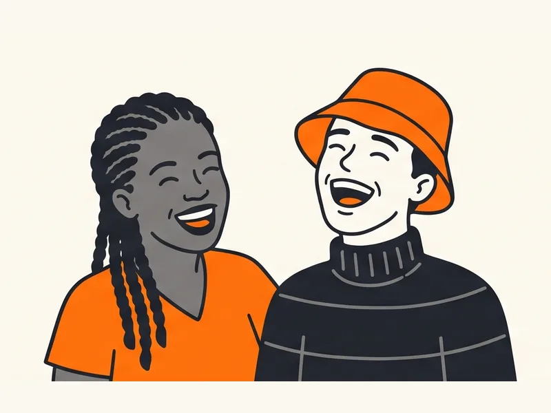 Ilustración de dos amigos riéndose, uno con trenzas largas y otro con un gorro de pescador naranja.