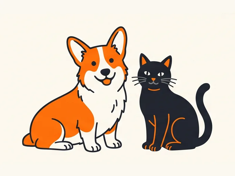 Ilustración de un corgi sentado junto a un gato negro, los dos mirando al frente.